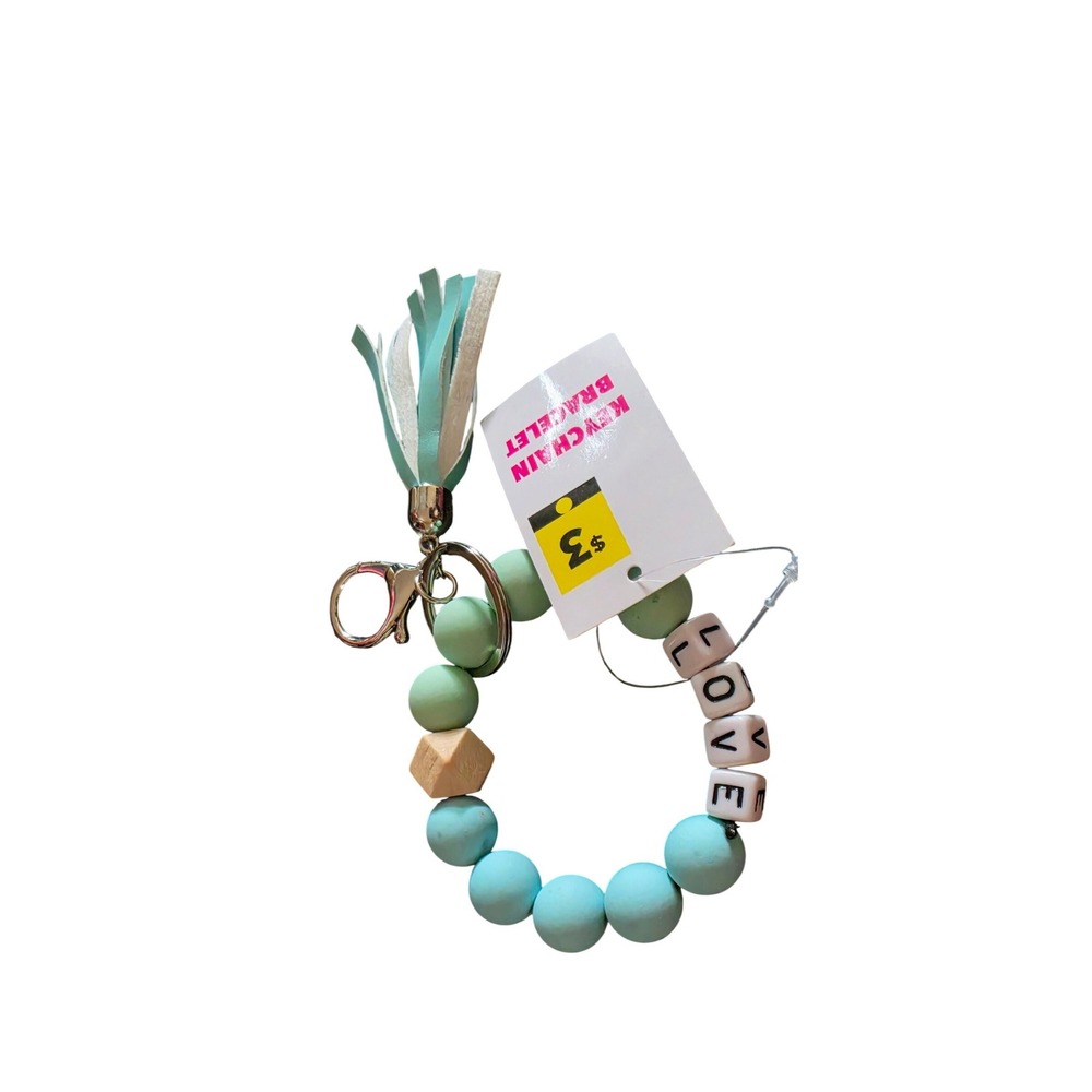 Love Silicone Bead Keychain Bracelet Mint Green Tassel Wristlet Key Ring New